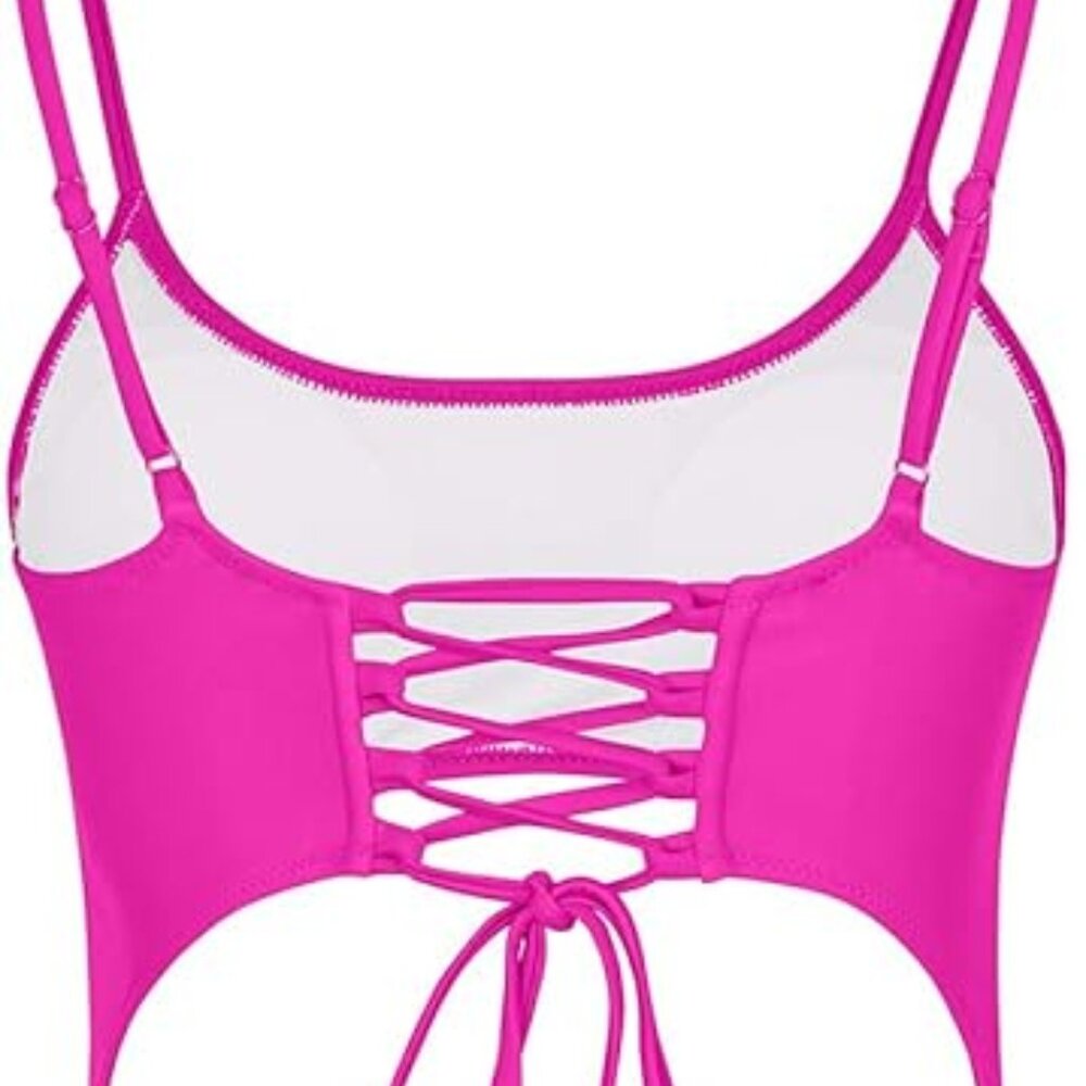 Meyeeka Women's Pink Scoop Neck Lace Up Back High Cut One Piece Swimsuit Small - Picture 11 of 12